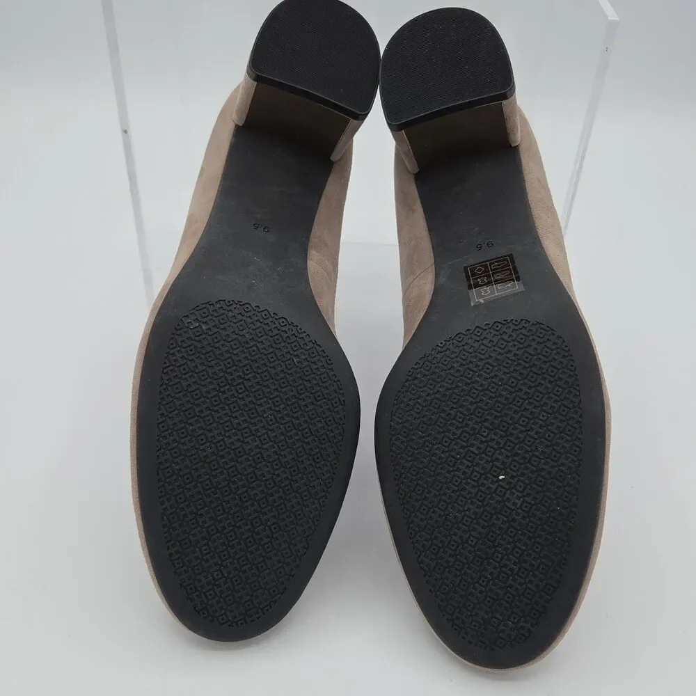 Tory Burch Claire Taupe Suede Low Block Heel Pumps Round Toe Bow Shoes 9.5